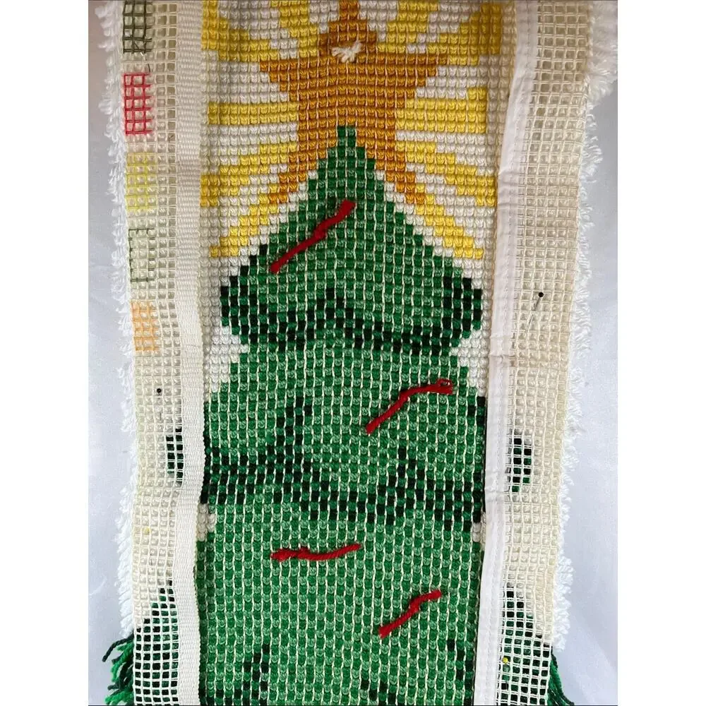 Vintage Mid Century Hand Made Christmas Tree Latch Hook Rug Wall Hanging 30x13